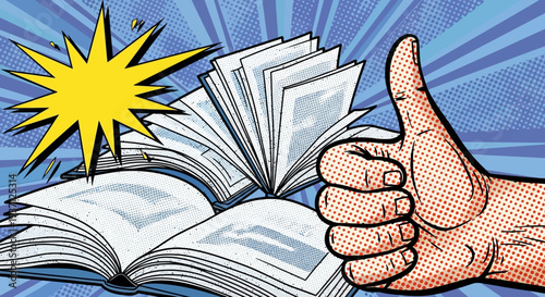 Hand giving thumbs up while holding an open book with pages fanning out.