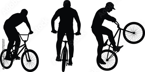 Silhouette illustration of three BMX riders performing stunts and riding styles, showcasing dynamic cycling skills, extreme sports action, freestyle biking, and energetic movement design