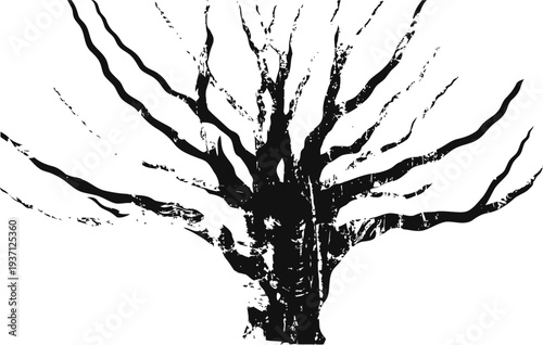 Black ink tree silhouette with bare branches spreading outward on white background