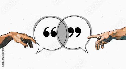 Two hands reaching out with speech bubbles and quotation marks.