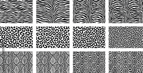 "Animal print patterns, zebra leopard snake textures, black white vector icons, textile fashion design elements, seamless illustration set for fabric"