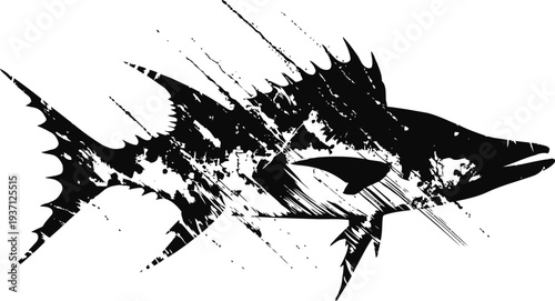 grunge tuna fish silhouette with sharp diagonal strokes and distressed texture