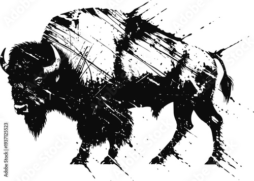 abstract buffalo silhouette with dynamic brush strokes in black and white