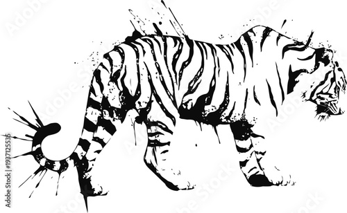 Black and white ink illustration of a tiger prowling with dynamic splatter and brushstroke effects