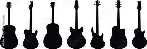 Variety of guitar silhouette icons, acoustic and electric instrument shapes, music design elements, vector illustration collection for creative stock use
