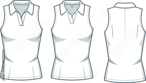 Three White Sleeveless Shirts with Collars and Button Details in Different Views three shirts white shirts