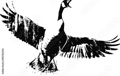 Silhouette of a bird with wings spread wide, standing and calling out in black and white