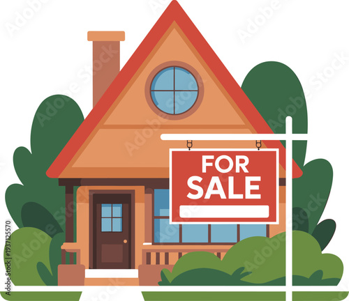 Cartoon House For Sale Sign with Trees and Chimney Real Estate Illustration
