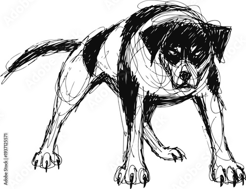 Sketch of an aggressive dog standing with a focused and alert expression, black and white illustration