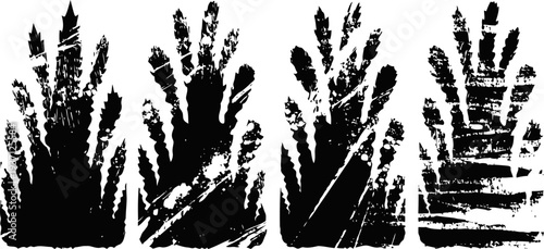 Abstract black brush stroke shapes with rough textured edges on white background