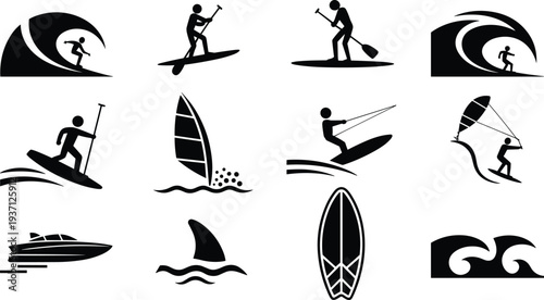 Water sports silhouettes with surfing, paddleboarding, windsurfing, kiteboarding, wakeboarding, speedboat, shark fin, ocean waves, marine recreation, beach culture design