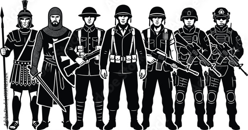 Historical and modern soldiers lineup showing Roman legionary, medieval knight, world war infantry and modern tactical military forces silhouette set