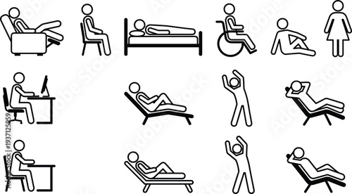 Human posture and activity icons showing sitting, lying, wheelchair use, stretching and relaxation positions in minimal black line symbol set