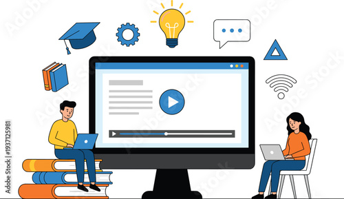 Online education concept with students using laptops watching video lessons on computer surrounded by learning icons illustration