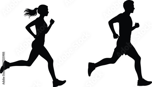 Silhouette runners in motion, male and female jogging together, fitness training, healthy lifestyle, outdoor exercise, athletic sports activity