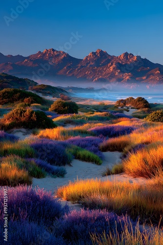 A picturesque coastal landscape with mountains and colorful plants in the foreground, The scenery is vibrant, with beautiful lighting