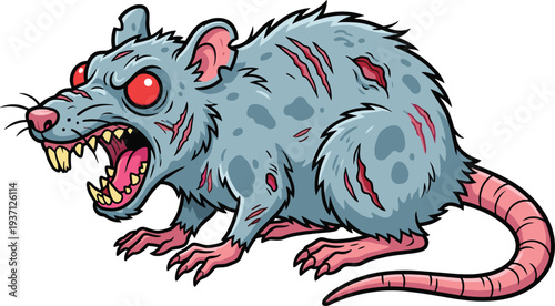 Zombie rat monster cartoon illustration with glowing eyes sharp teeth scars and aggressive pose horror creature design