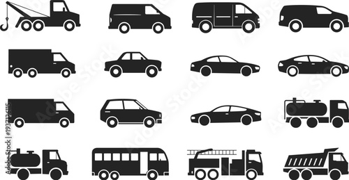 Silhouette illustration of sixteen different vehicles in grid layout, including cars, trucks, vans, SUVs, buses, and specialized transport icons, transportation design reference collection