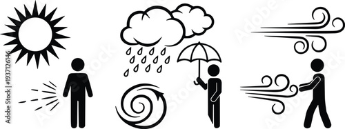 Weather condition silhouette icons, sun rain wind storm vector illustration, people with umbrella design elements, climate graphics creative stock collection