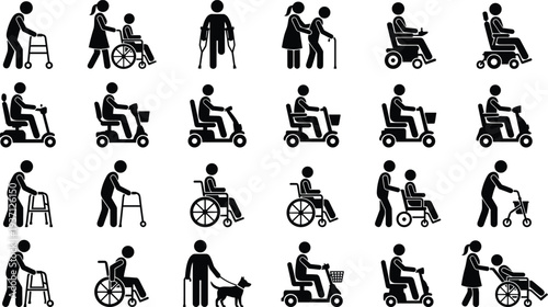 Disability assistance icons collection showing wheelchair users, walkers, crutches, caregivers and mobility scooters in simple black silhouette accessibility symbol set
