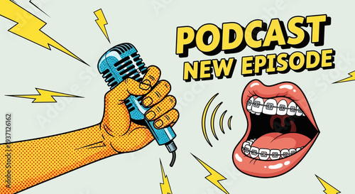 Cartoon hand holding microphone with open mouth and lightning bolts.