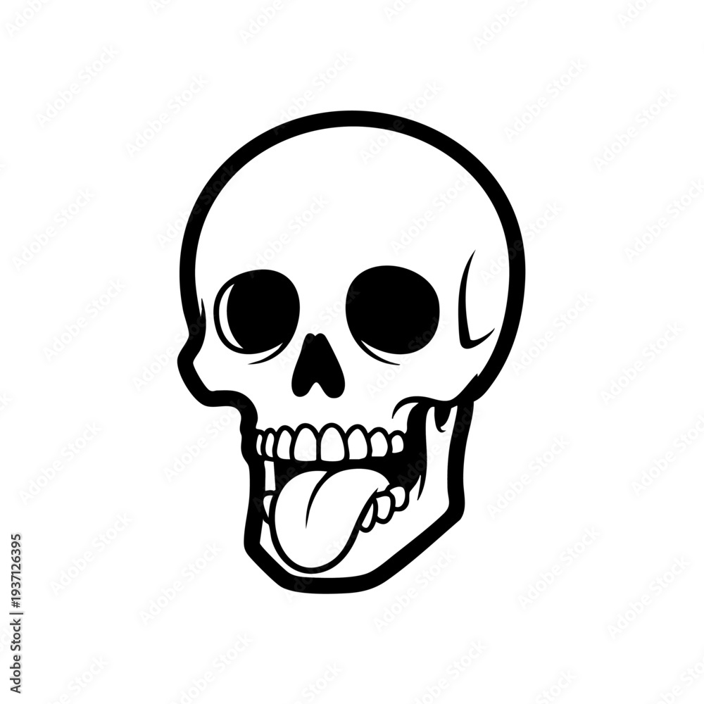 Fototapeta premium Simple black and white illustration of a human skull sticking out its tongue.