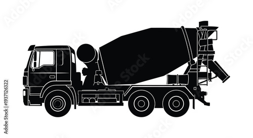 A black silhouette of a concrete mixer truck shown in a side profile against a white background