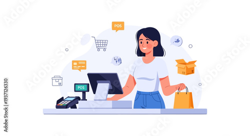 Happy Female Cashier at POS Terminal: Modern Retail Checkout & E-commerce Concept