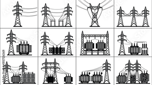 Electric power transmission and substation infrastructure icons showing high voltage towers, transformers and electrical grid distribution engineering silhouettes