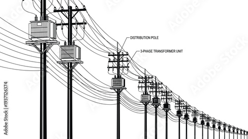Electrical distribution poles with three phase transformers and power lines forming perspective grid infrastructure engineering illustration