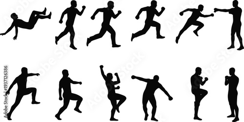 Silhouette Set of Fighting, Running, and Action Poses of Men, Martial Arts, Combat Moves, Sports, and Movement Vector Illustration