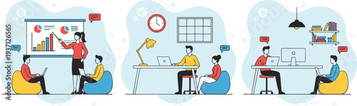 Business team meeting and office work vector illustration set, people analyzing charts, planning strategy, working on laptop, corporate teamwork and communication concept