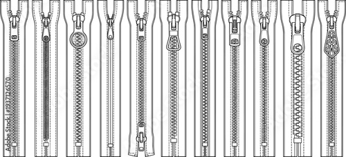 Set of zipper types technical fashion illustration with different zipper sliders teeth styles for garment sewing design reference
