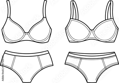 Women bra and panties set technical fashion illustration, lingerie underwear front and back view apparel template clothing line drawing