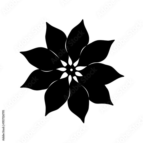 Black and white graphical depiction of a floral design with rounded petals