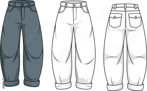 Three pairs of wide-legged jeans in different shades of gray and white with rolled cuffs and visible stitching details