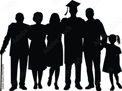 Silhouette illustration of multigenerational family celebrating graduation achievement, elderly with cane, child with pigtails, supportive relatives, milestone ceremony, unity, 