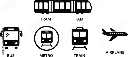 Collection of transportation icons including bus, tram, metro, train, and airplane with bold labels, ideal for travel, transit design, education, and stock illustration projects