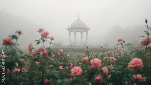Romantic Gazebo in Foggy Rose Garden. Ethereal Regency Era Landscape with White Rotunda and Blooming Pink Roses in Misty Morning Light