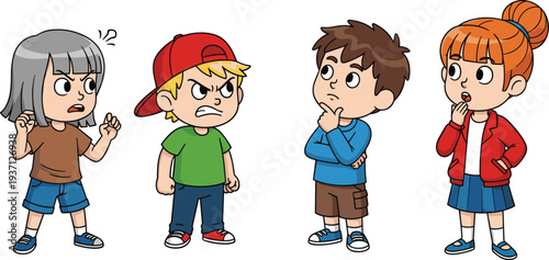 Cartoon children showing anger and disagreement, expressive kids characters with crossed arms, arguing gestures and emotional reactions, school conflict vector illustration set