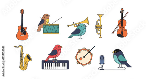 Birds playing musical instruments illustrations