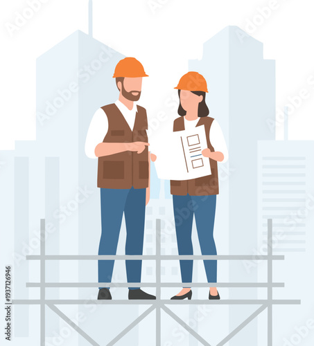 Construction engineers discussing building plan on site, male and female architects wearing safety helmets, construction project planning concept, professional builder teamwork vector illustration
