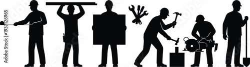 Construction worker silhouette set with tools, builders carrying materials, hammer work, saw cutting and digging workers, industrial labor team black vector illustration