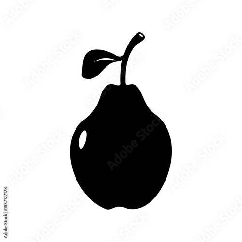Stylized vector drawing of a pear with a leaf in black silhouette