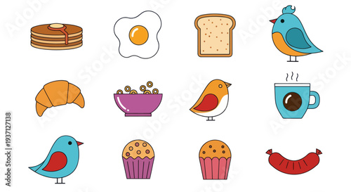Breakfast food and birds vector illustration