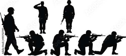 Silhouette soldiers in various poses with rifles, military stances, army combat positions – flat vector illustration