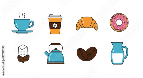Breakfast food and drink icons on white