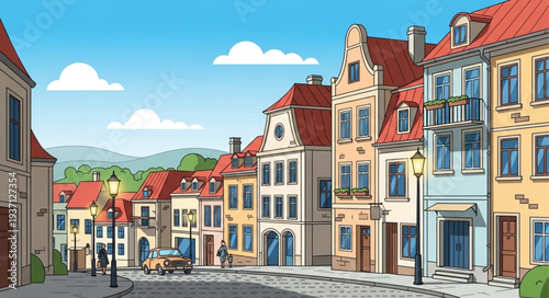 Colorful European Street with Historic Buildings and Red Roofs.