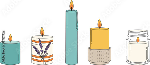 Decorative candle set illustration, burning candles collection, cozy home decor, aromatherapy spa concept, minimalist vector style, isolated background, relaxing ambiance