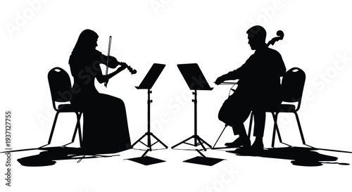 Silhouetted musicians playing violin and cello during a performance on a white background high quality professional